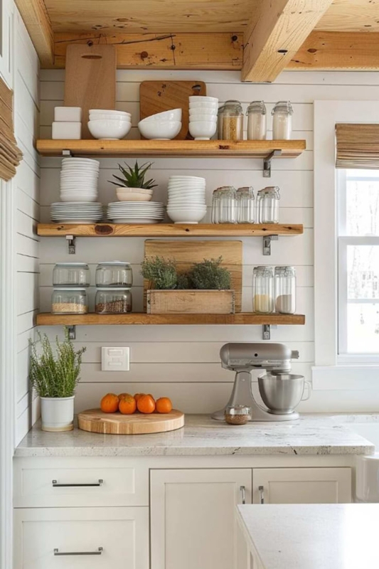 Modern Farmhouse Kitchen with Thick Wood Floating Shelves on Shiplap