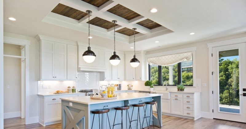 Modern Farmhouse Kitchen with Wood Coffered Ceiling and Blue Gray Island