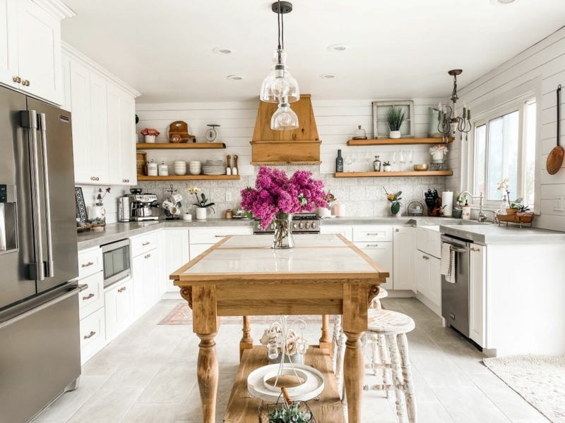 Modern Farmhouse Kitchen with Wood Island and Turned Legs
