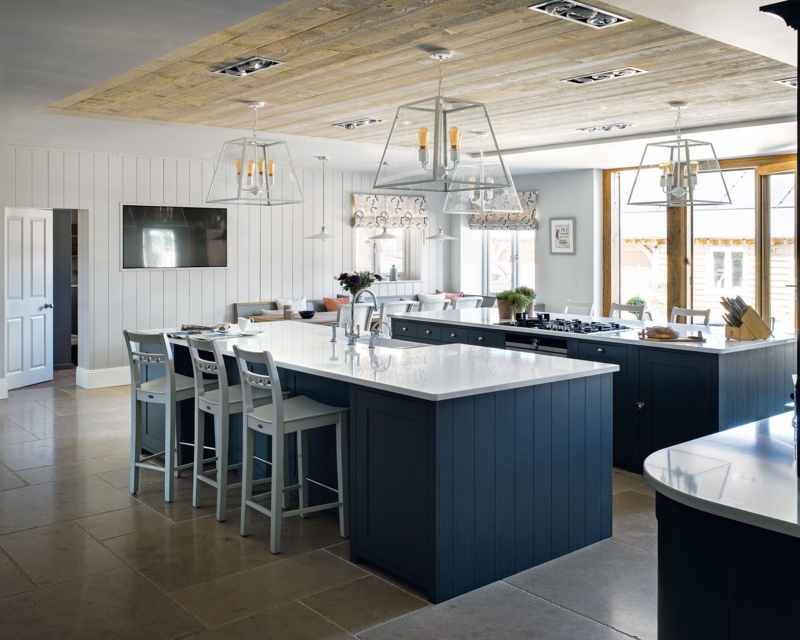 Modern Farmhouse Navy Double Island Kitchen with Wood Ceiling