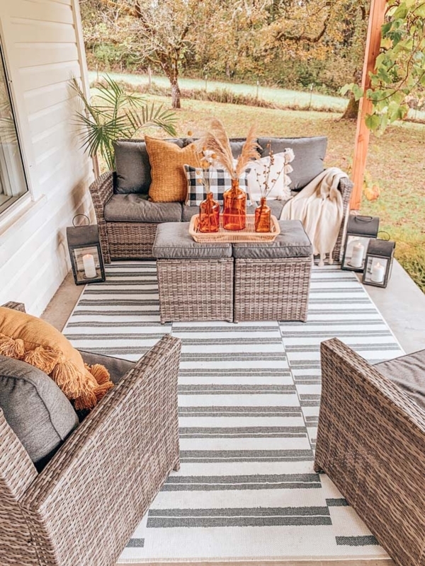 Modern Farmhouse Outdoor Area Rug Grey Geometric Pattern with Fringe