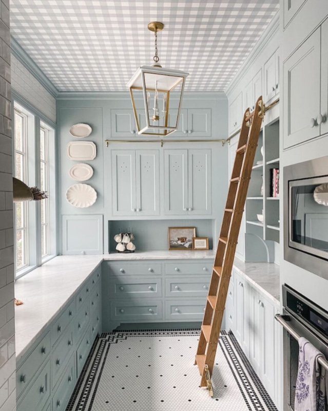 Modern Farmhouse Pantry with Checkered Ceiling and Rolling Ladder