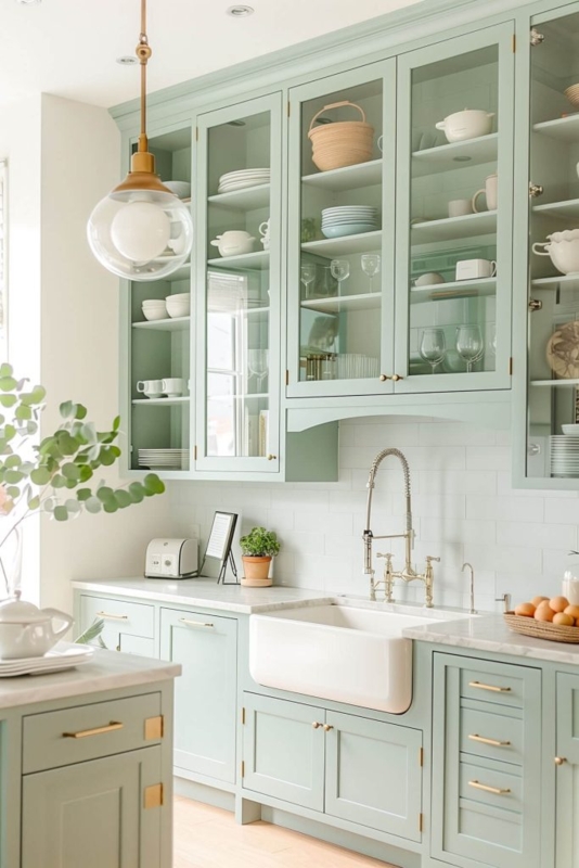Modern Farmhouse Sage Green Kitchen Cabinetry with Glass Front Uppers