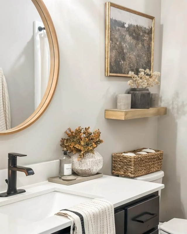 Modern Farmhouse Vanity with Floating Wood Shelf and Black Faucet