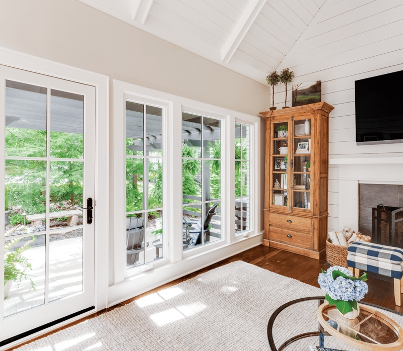Modern Farmhouse: Vaulted Shiplap Ceiling Design and Checkered Ottoman
