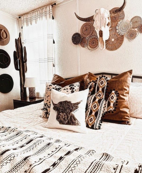 Modern Farmhouse Western Bedroom with Highland Cow Print Pillow