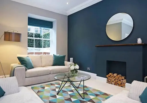 Modern Fireplace Log Storage in Teal Accent Wall Living Room