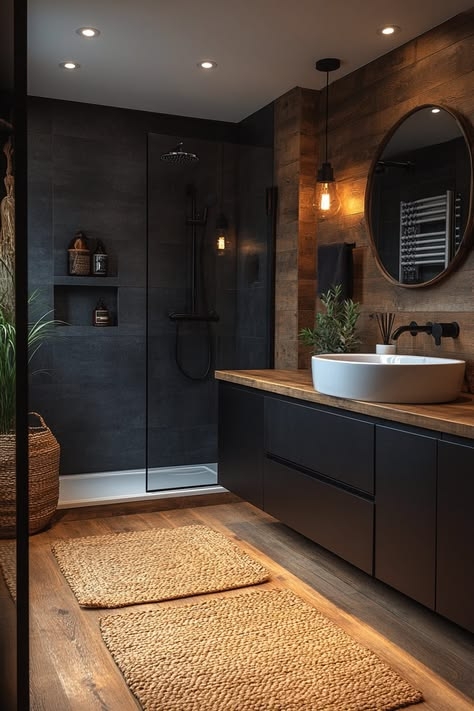 Modern Floating Bathroom Vanity with Black Finish and Wood Paneling