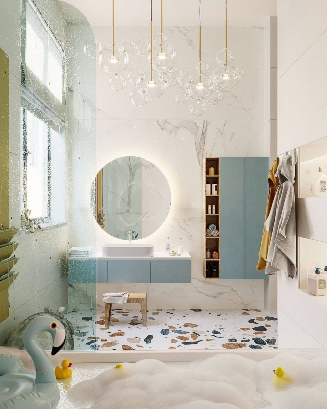 Modern Floating Vanity with Bubble Chandelier and Terrazzo Floor