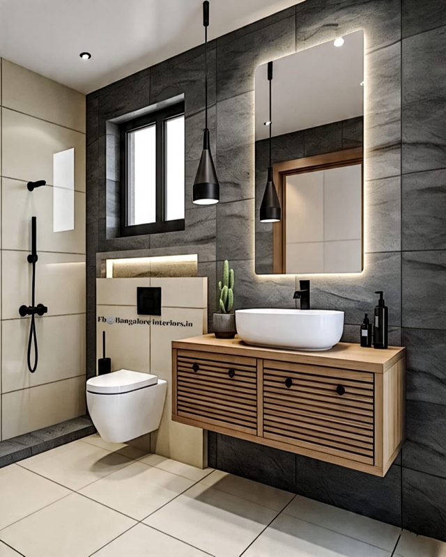 Modern Floating Vanity with Slatted Wood Design and Charcoal Tiles