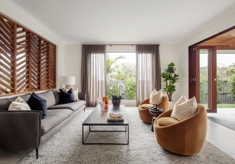 Modern Formal Living Room: Mustard Velvet Armchairs & Wood Partition