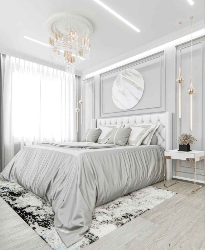 Modern Glam Bed with Oversized Tufted Headboard and Vertical Pendants