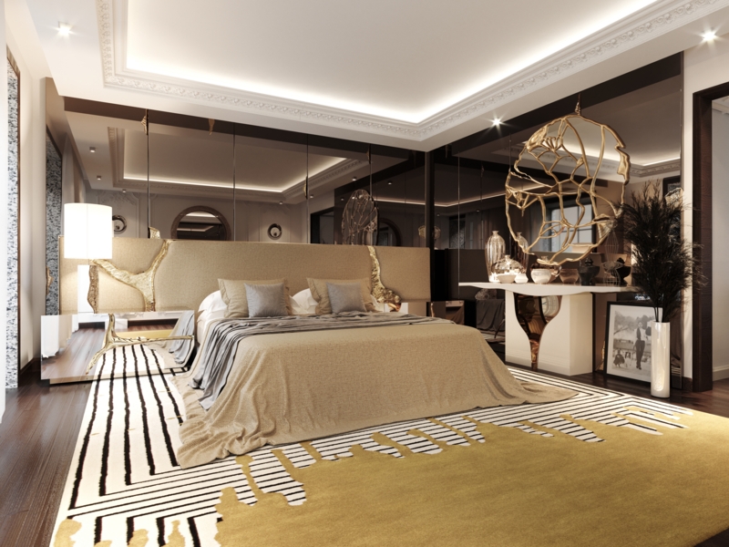Modern Glam Bedroom with Mirrored Wall Paneling and Graphic Pattern Rug
