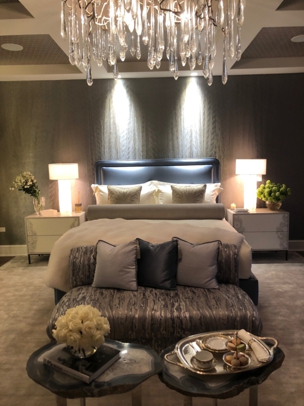 Modern Glam Bedroom with Teardrop Crystal Chandelier and Metallic Walls