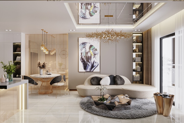 Modern Glam Living Room with Curved Sofa and Mirrored Ceiling Inlay