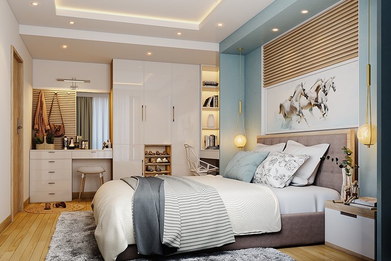 Modern Glossy Bedroom With Blue Alcove Headboard and Vanity Nook