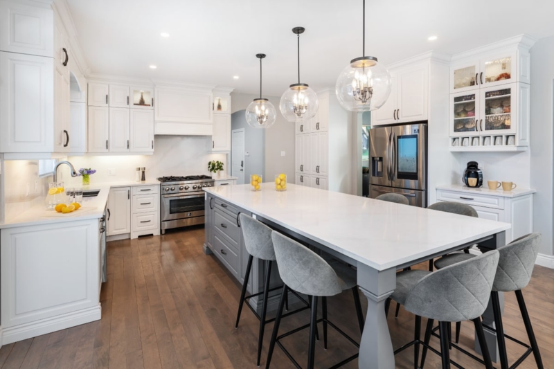 Modern Grey Kitchen Island with Quilted Bar Stools
