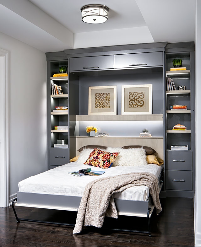 Modern Grey Wall Bed System With Custom Cabinetry and Shelving