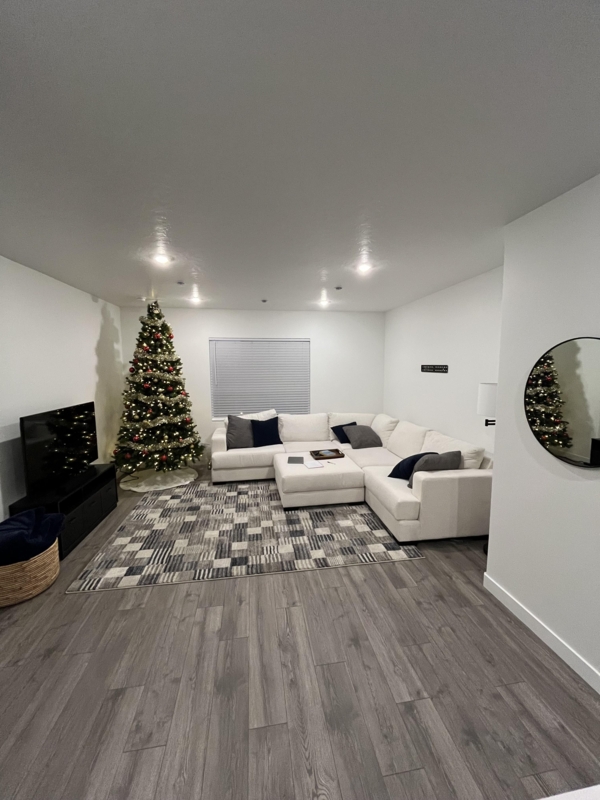 Modern Grey Wood Floor Living Room: White Sectional & Geometric Rug