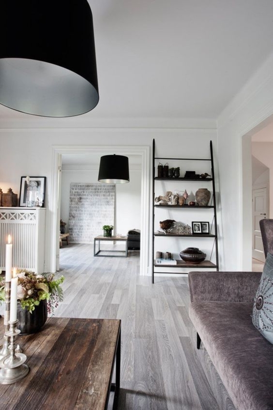 Modern Grey Wood Floor Living Room with Black Ladder Shelf