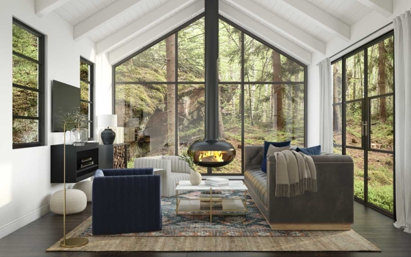 Modern Industrial Living Room with Forest View and White Vaulted Beams