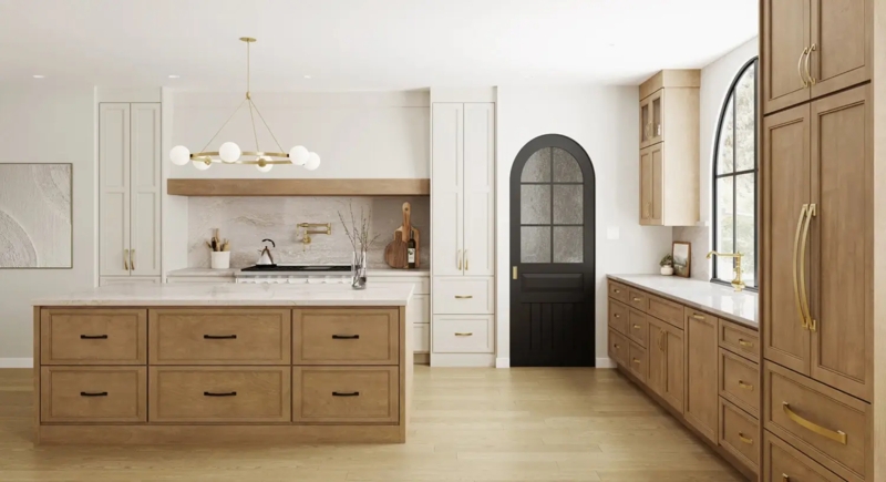 Modern Kitchen Arched Door Feature with Slab Backsplash