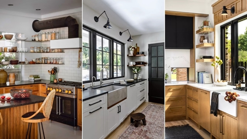 Modern Kitchen Floating Shelves Ideas with High Contrast Cabinetry