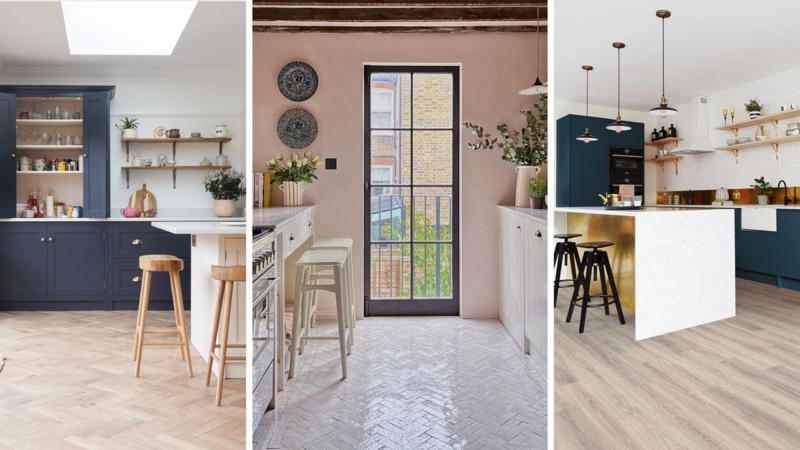 Modern Kitchen Flooring Inspiration: Herringbone Pattern and Navy Cabinetry