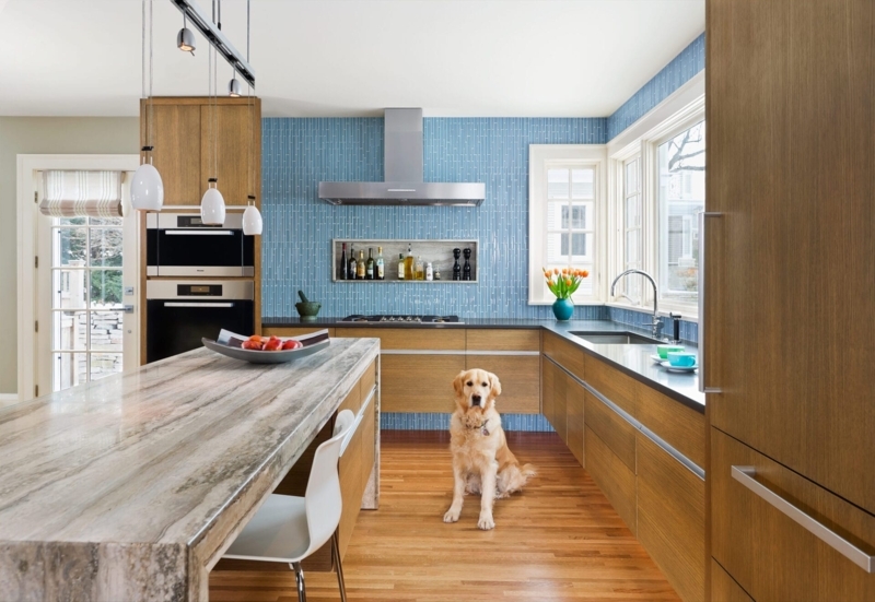 Modern Kitchen with Blue Backsplash and Thick Marbled Waterfall Island