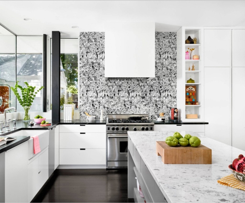 Modern Kitchen with Illustrative Backsplash and Apron Front Sink