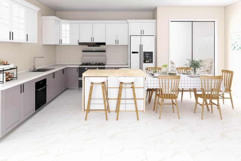 Modern Kitchen with Marble Look Floors and Two Tone Cabinets