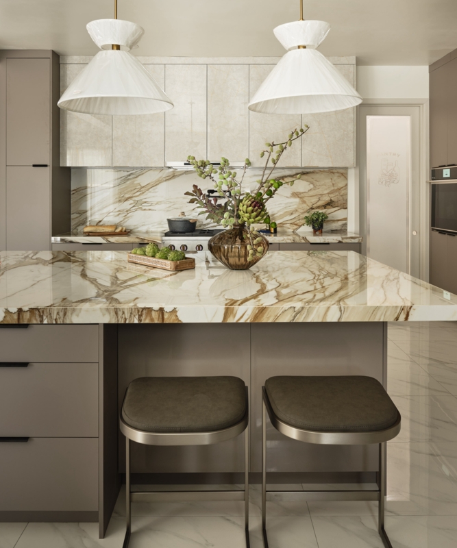 Modern Kitchen with Stone Island and Sculptural White Pendants