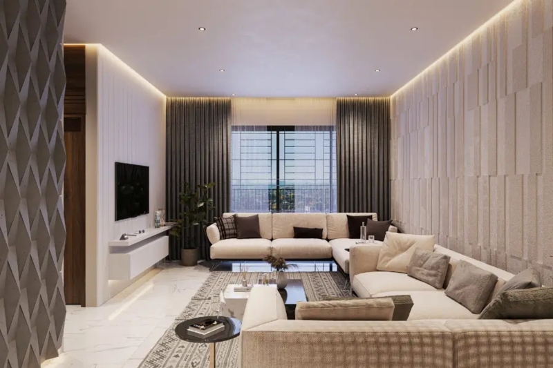 Modern L-Shaped Sectional Sofa with 3D Textured Accent Wall