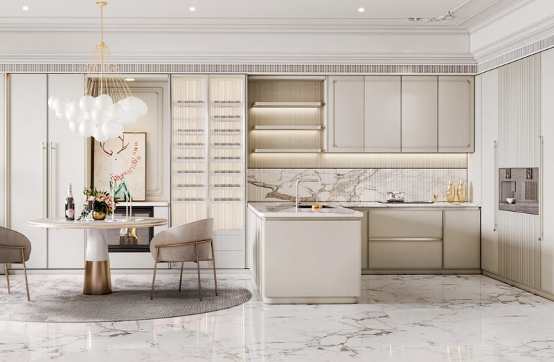 Modern Light Grey Kitchen Cabinetry with Fluted Panels & Marble Island
