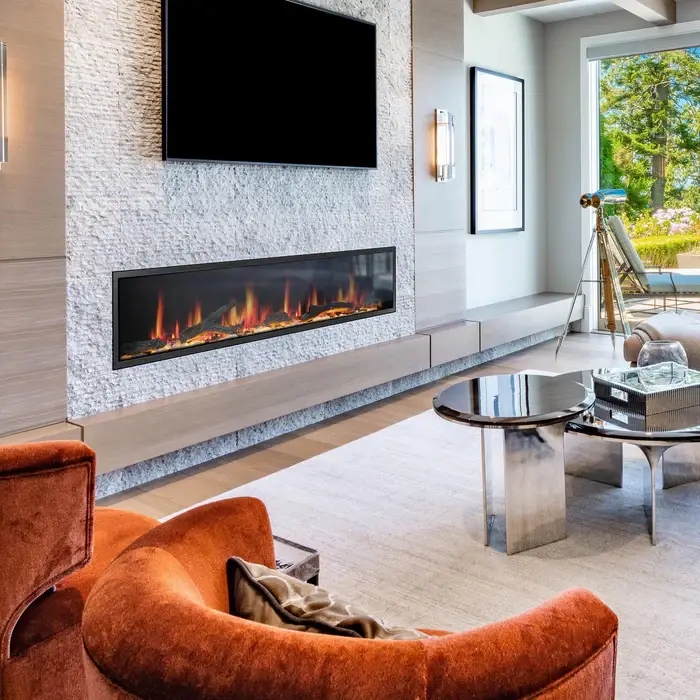 Modern Linear Electric Fireplace With Textured Stone Surround