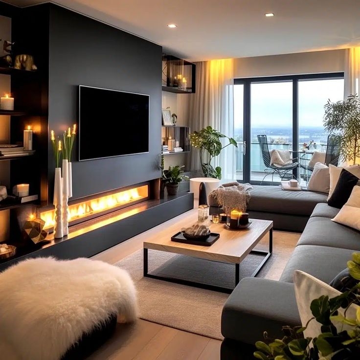 Modern Linear Fireplace Living Room with Dark Accent Wall