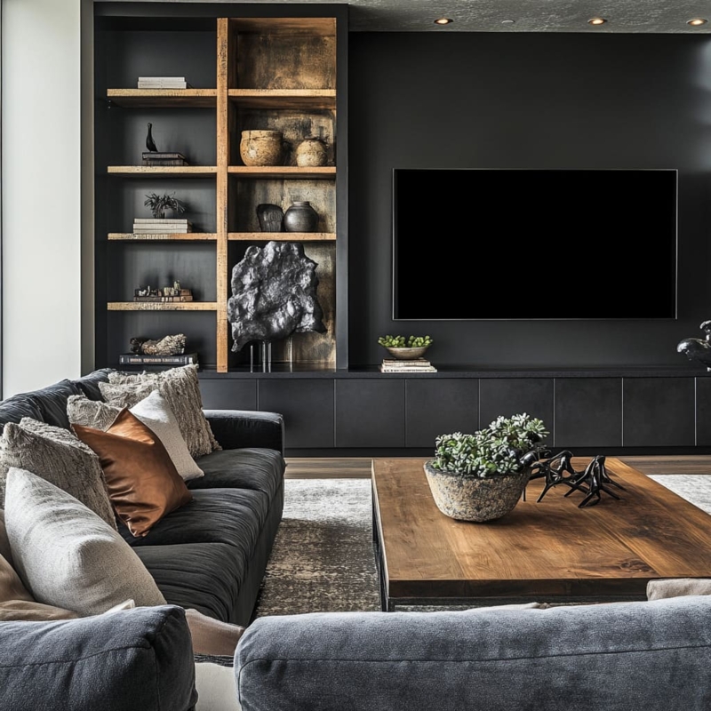 Modern Living Room with Black Feature Wall and Built-in Shelving unit