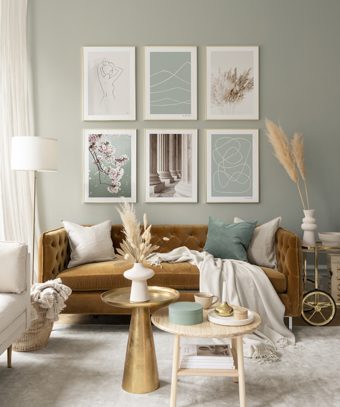 Modern Living Room with Grid Gallery Wall and Gold Accents