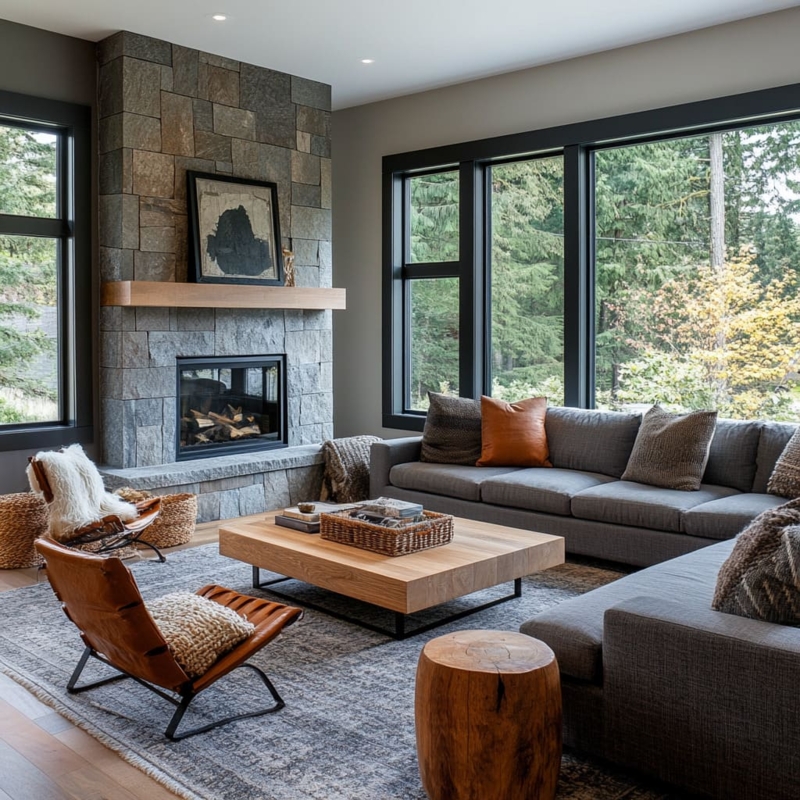 Modern Lodge Living Room with Stacked Stone Fireplace and Natural Light
