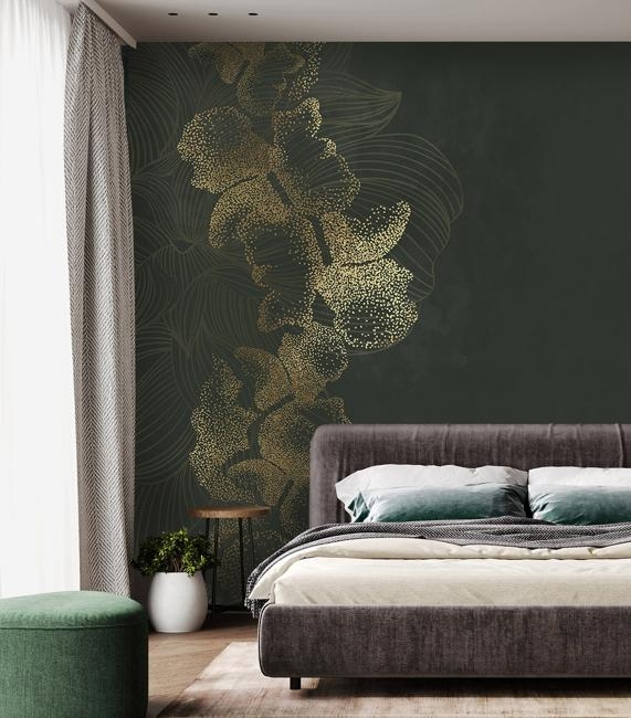 Modern Luxe Gold Floral Mural Wallpaper on a Dark Green Accent Wall