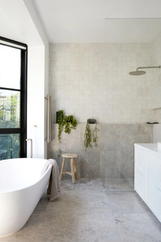 Modern Minimalist Bathroom with Grey Stone & Mixed Tile