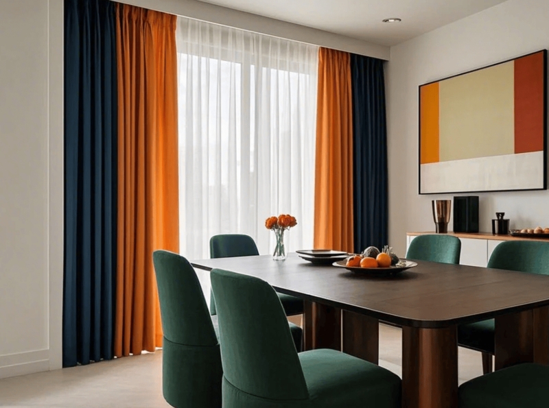 Modern Navy and Orange Color-Block Curtains in Jewel Tone Dining Room
