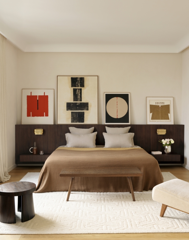 Modern Organic Bedroom with Integrated Headboard Wall and Geometric Rug