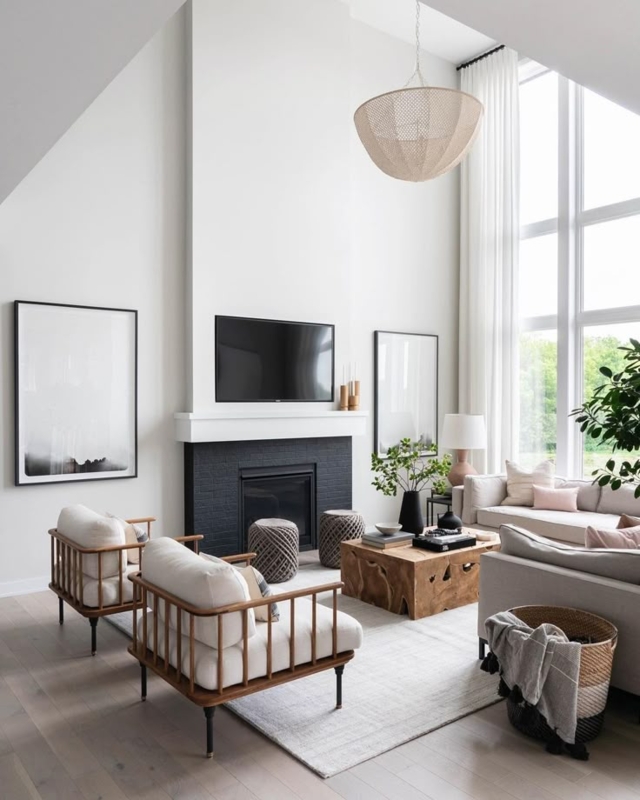 Modern Organic Lounge with Spindle Chairs and Black Brick Fireplace