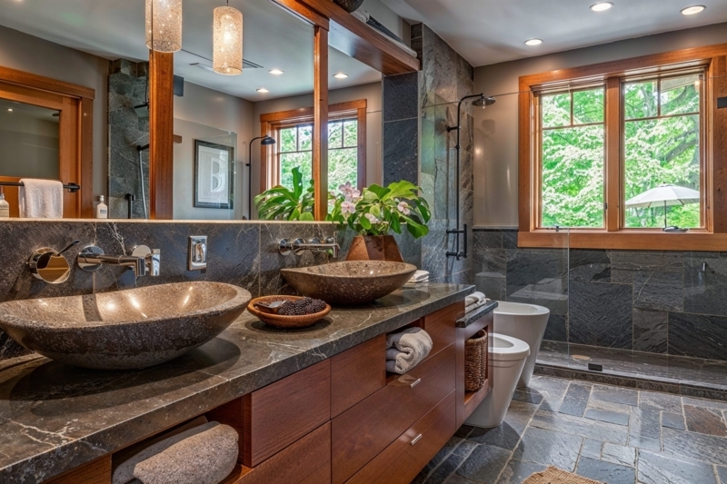 Modern Organic Master Bathroom: Stone Vessel Sinks & Slate Walls