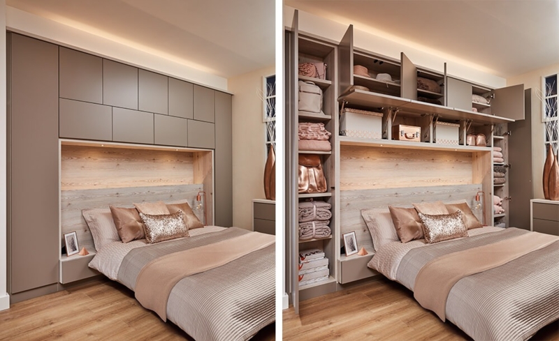Modern Overbed Storage Cabinet Ideas With Taupe Finish