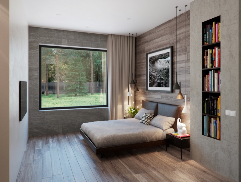 Modern Platform Bed against Wood and Concrete Accent Walls