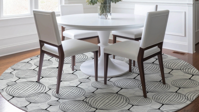 Modern Round Area Rug with Graphic Black and White Pattern