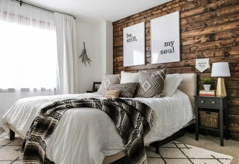 Modern Rustic Bedroom Wood Plank Accent Wall With Typography Art