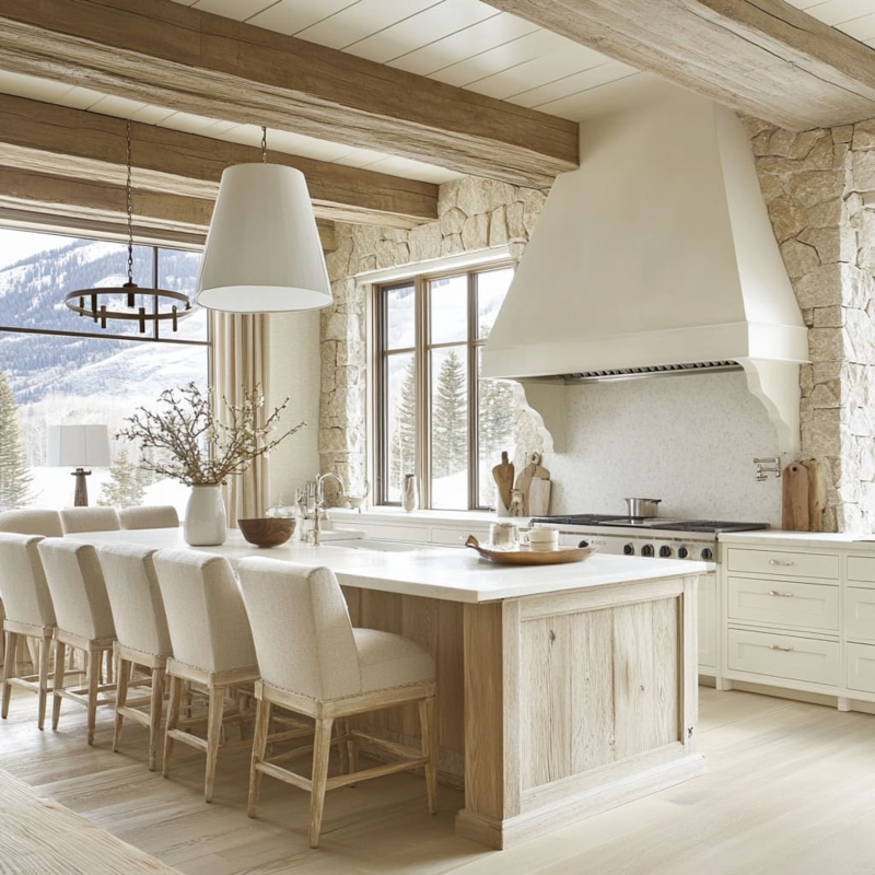 Modern Rustic Kitchen Island Design with Oversized Plaster Range Hood